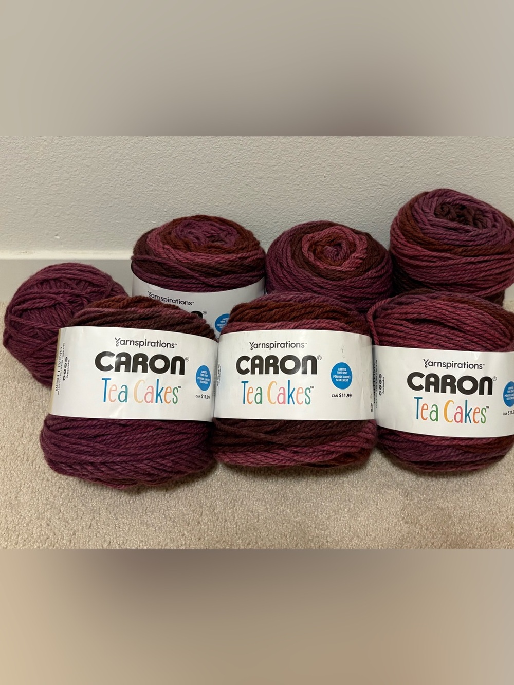 Caron Tea Cakes Wild Cherry Acrylic and Wool Blanket Yarn: 7 Skeins in Size 6